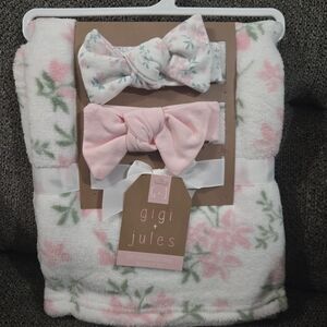 Pink Floral Baby Blanket & Headband Set